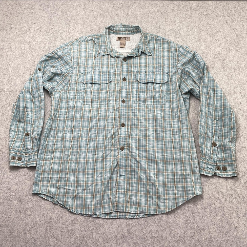 Duluth Trading Co Shirt Mens Large Blue Plaid Nylon Lined Button Up Outdoor